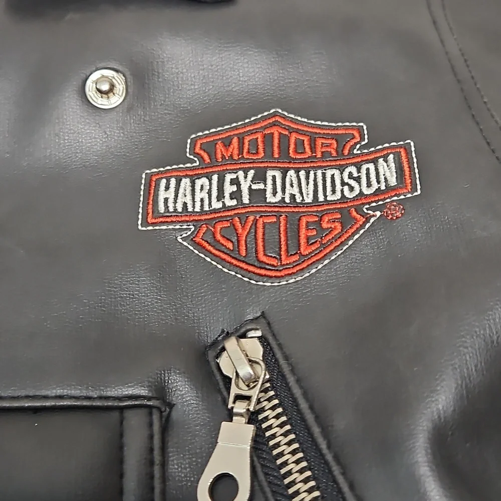 Harley Davidson Kids Black Faux Leather Jacket, Quilted Inside. Size 4